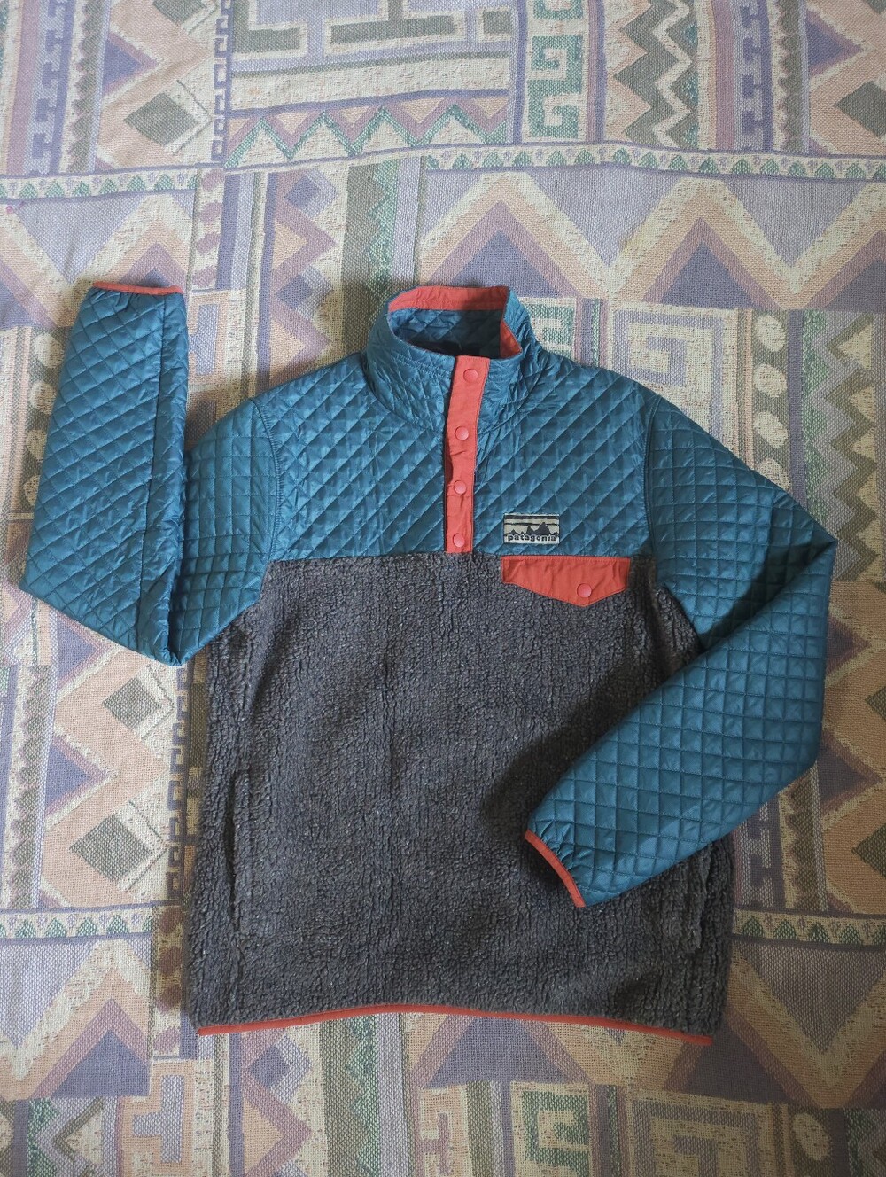 Patagonia Mixed Media Snap-T Sherpa Pullover Quilted Small Crater Blue